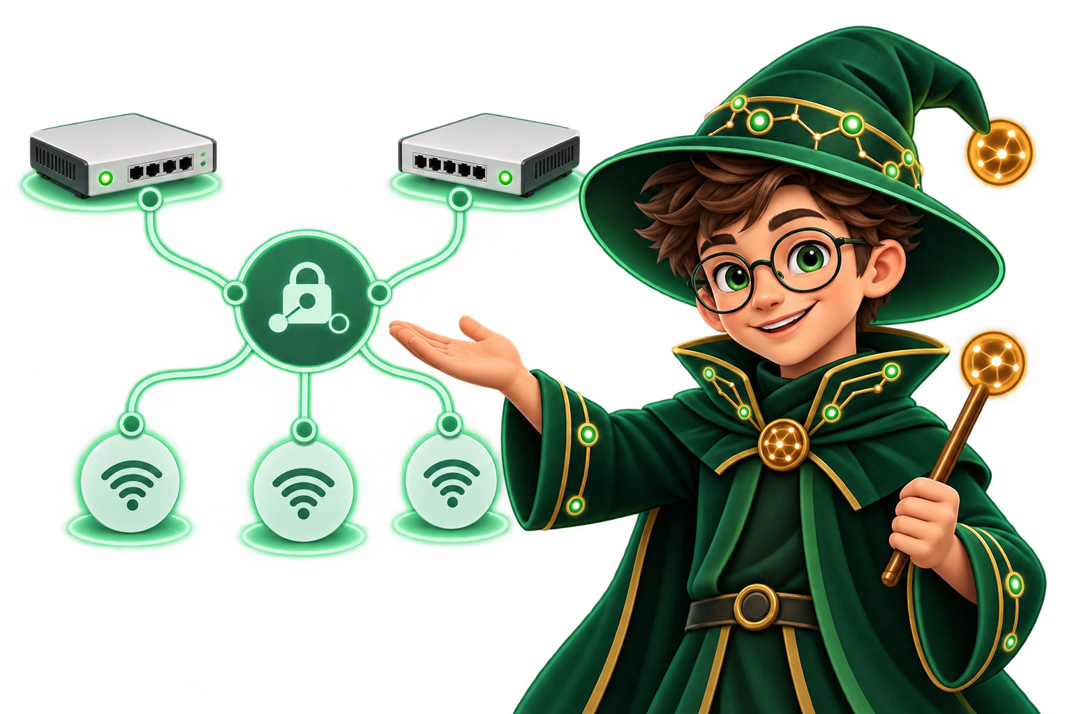 Magic Dude explaining a secure network topology